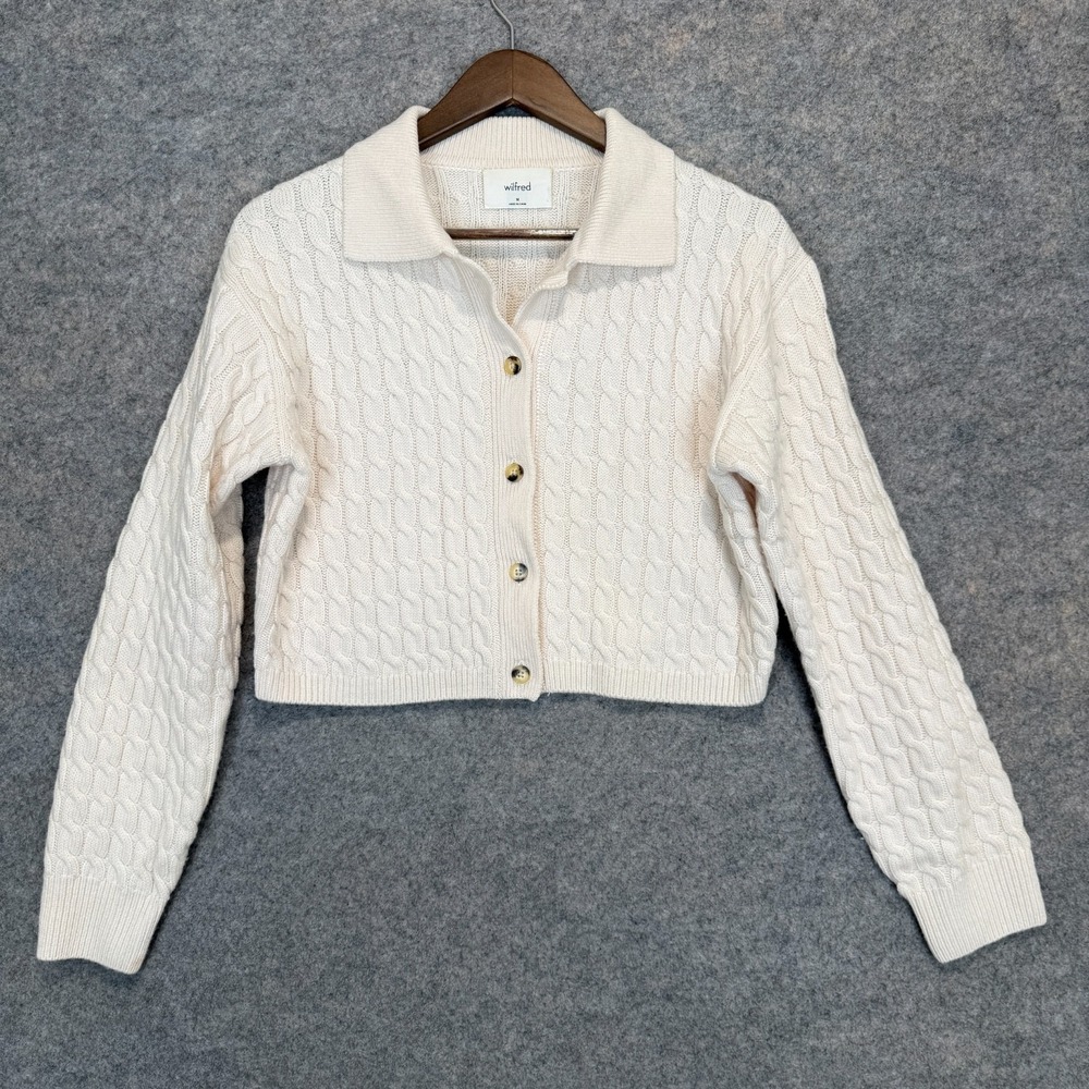 Wilfred Aritzia 100% Merino‎ Wool Chunky Cable Knit Polo Cardigan Sweater Medium